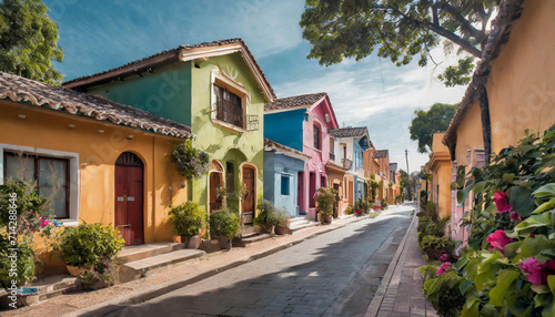 suburban street with diverse architectural styles  including colonial  contemporary  and Mediterranean homes