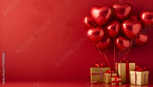 Happy Valentine's Day love or birthday celebration holiday background banner illustration greeting card - Red heart balloons and gold gift box on table