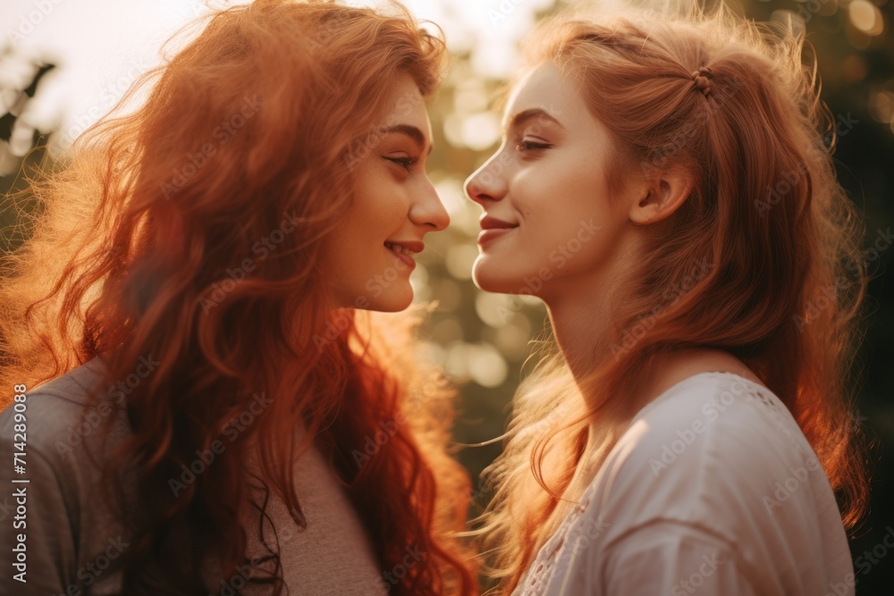 Warm sunlight embracing two red-haired women, faces close, intimate friendship moment captured amid nature - Friendship and intimacy, love concept for Valentine's Day and LGBTQ.
