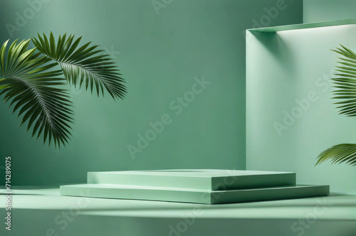 Modern geometric pedestal podium Platform in shadow and palm leaves on green background