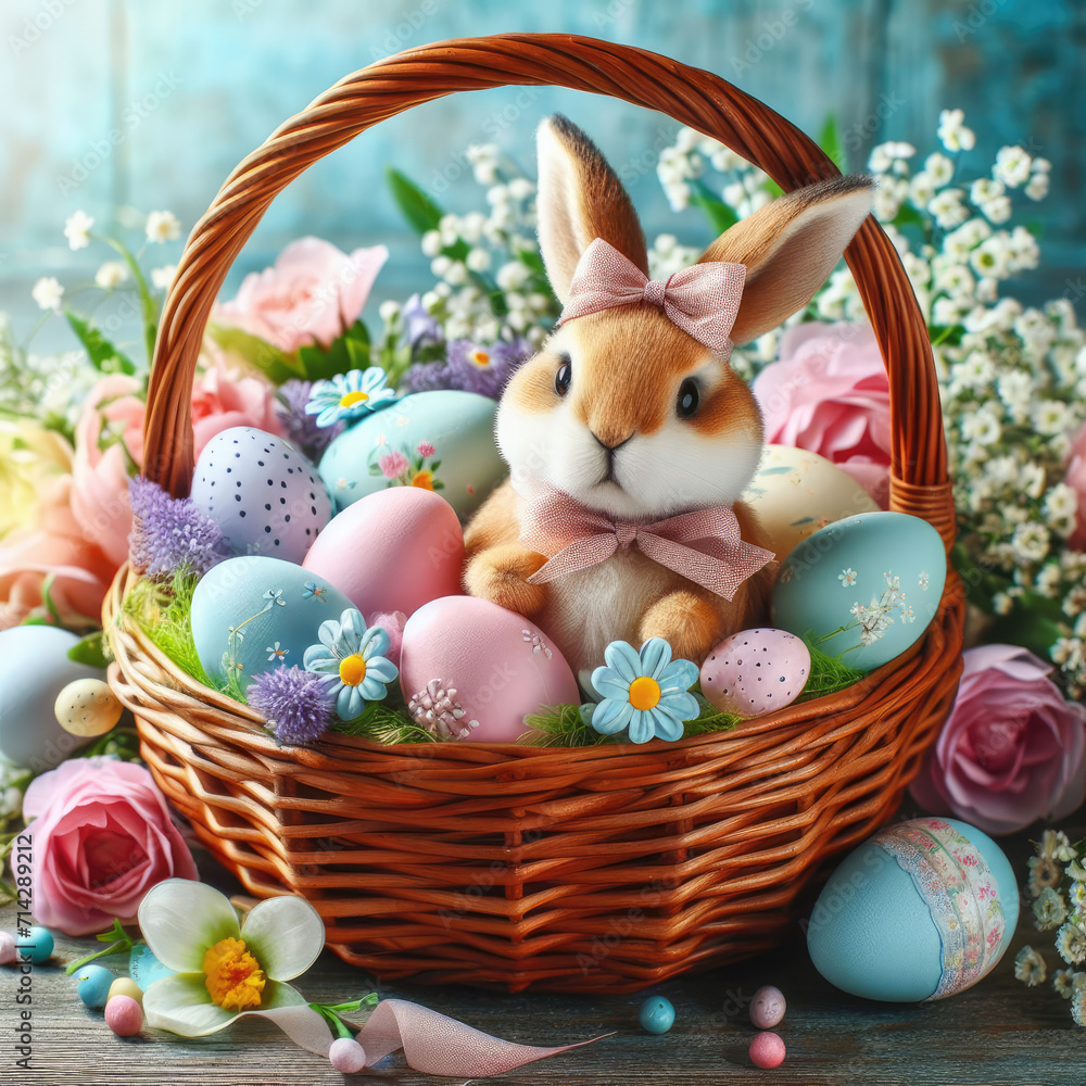 Easter scene with bunnies and eggs and flowers in a basket, in the background.