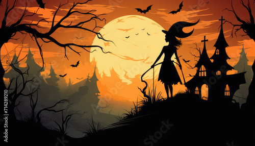 Witch and haunted house silhouette sunset halloween wallpaper