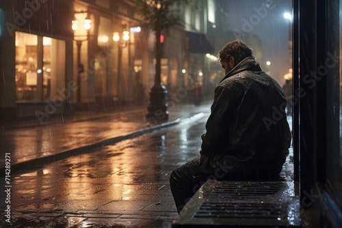 Against a backdrop of evening rain, a solitary adult, overwhelmed by loneliness, sits on a wet street, embodying the concept of homelessness and despair.