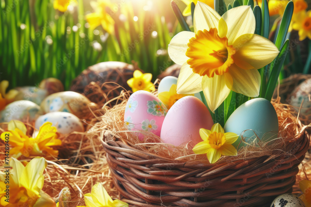 Easter basket colorful eggs in green grass and daffodil flowers over nature blurred bokeh background daylight, holiday Easter banner