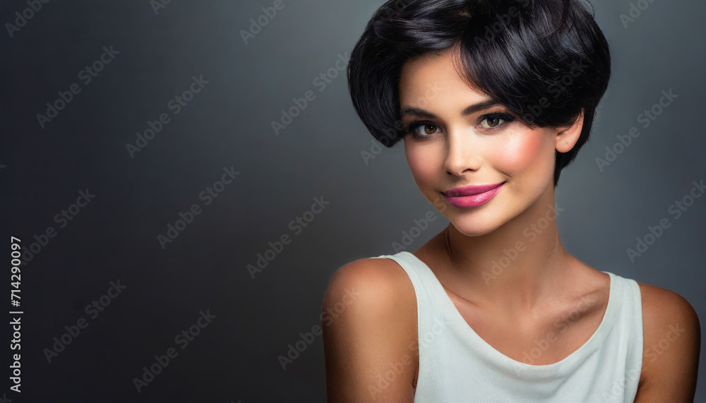 Pretty Brunette Woman with Glamorous Makeup and Beautiful Smile in Studio Portrait Pretty Brunette Woman with Glamorous Makeup and Beautiful Smile in Studio Portrait