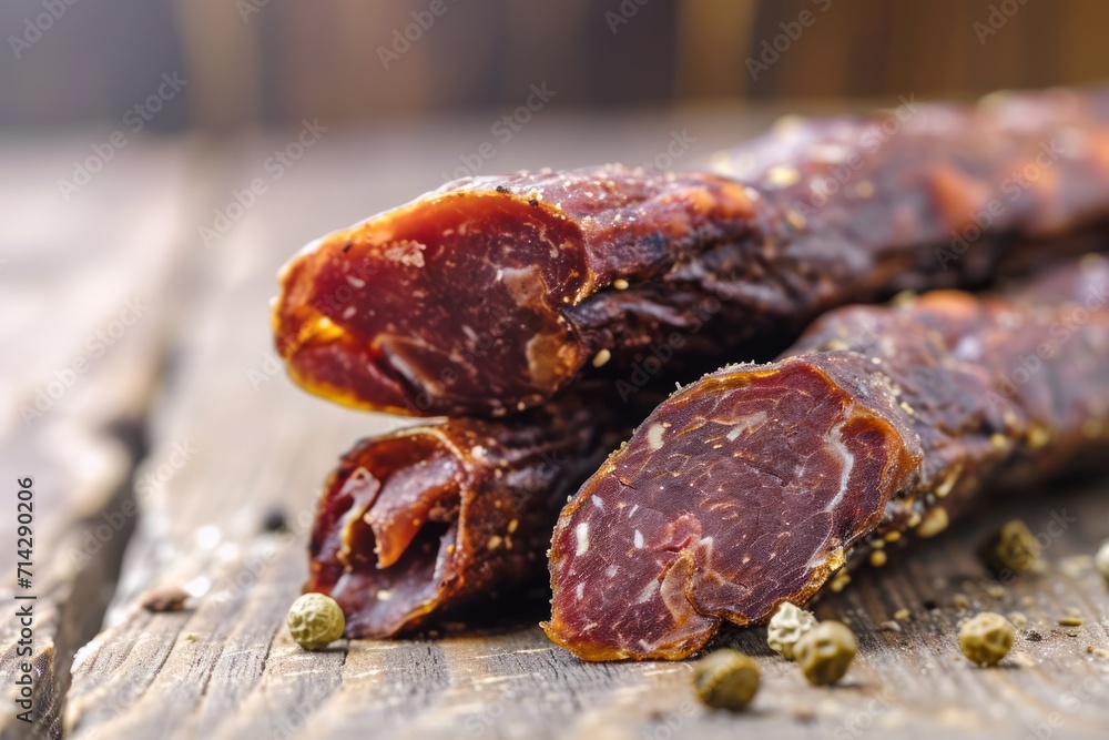 Air dried stack of artisanal beef sausage on white table with wooden desk. Air dried stack of artisanal beef sausage on white table with wooden desk.
