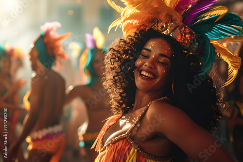 Uma bela jovem afrobrasileira sorridente se divertindo na festa de carnaval: Encanto e Alegria em Cada Passo, AI Generativa 
