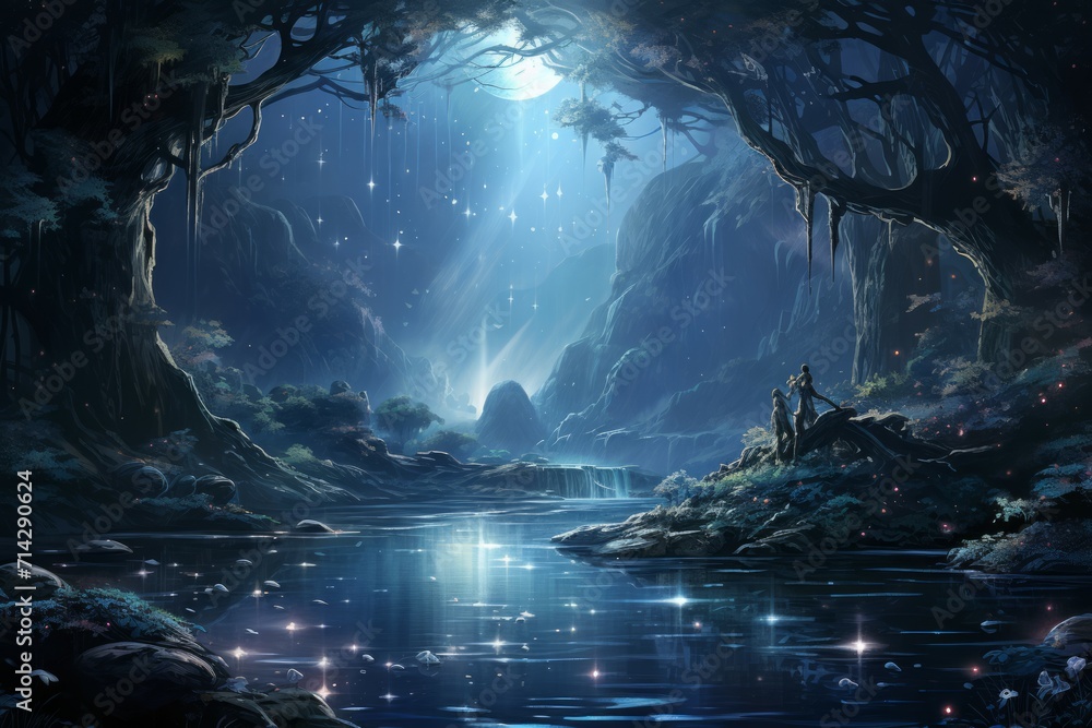 Enchanted moonlit waterfalls, flowing with liquid silver and granting wishes to those who bathe beneath them - Generative AI Enchanted moonlit waterfalls, flowing with liquid silver and granting wishes to those who bathe beneath them - Generative AI