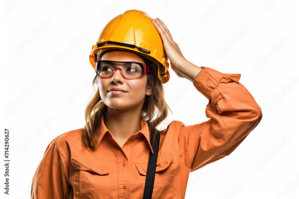 Woman worker in yellow safety helmet, isolated white background Woman worker in yellow safety helmet, isolated white background