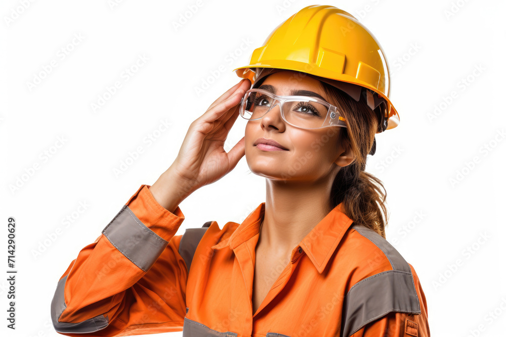 Woman worker in yellow safety helmet, isolated white background Woman worker in yellow safety helmet, isolated white background