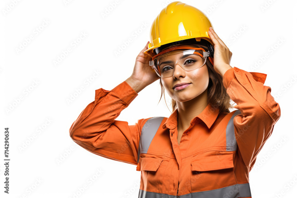 Woman worker in yellow safety helmet, isolated white background Woman worker in yellow safety helmet, isolated white background