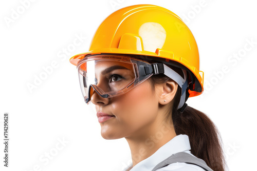 Woman worker in yellow safety helmet, isolated white background