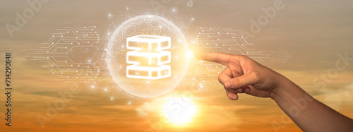 Database Management: Man Touching Global Network and Data Connection on Space Background. Efficient Data Storage, Seamless Integration, Robust Management.
