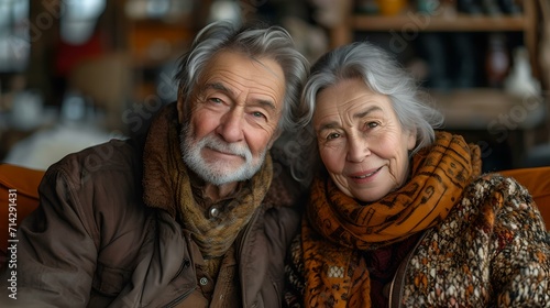 Elderly couple enjoying cozy moments together, radiating love and wisdom. serene elderly pair portrait. AI © Irina Ukrainets