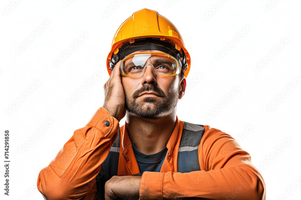 Worker in safety helmet man eye level angle, isolated white background Worker in safety helmet man eye level angle, isolated white background