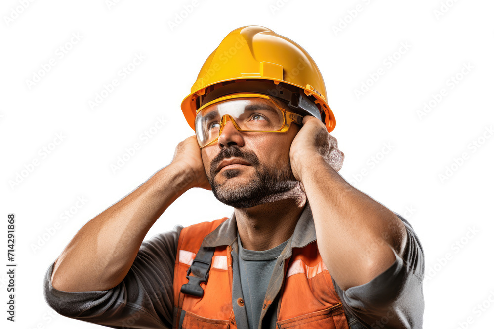 Worker in safety helmet man eye level angle, isolated white background