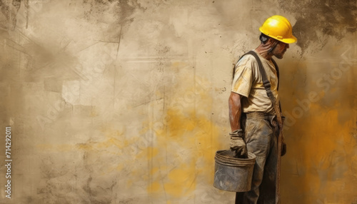 Worker in yellow helmet standing in front of wall with bag in hand © LFK