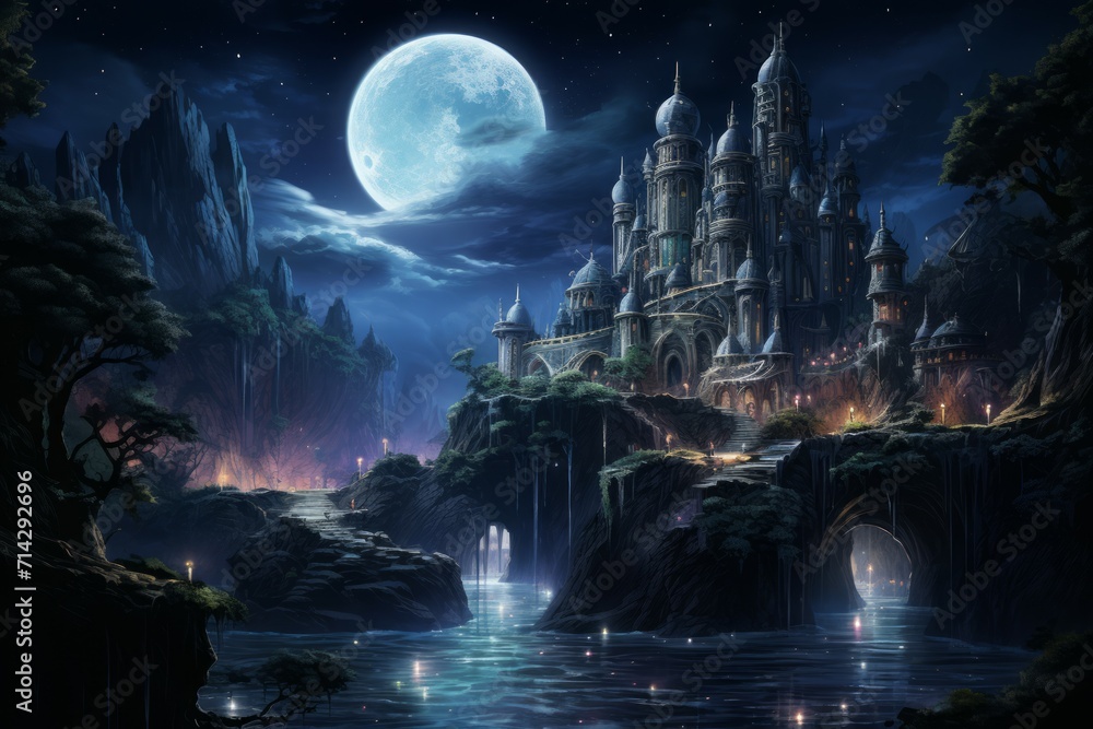 Enchanted moonlit waterfalls, flowing with liquid silver and granting wishes to those who bathe beneath them - Generative AI Enchanted moonlit waterfalls, flowing with liquid silver and granting wishes to those who bathe beneath them - Generative AI