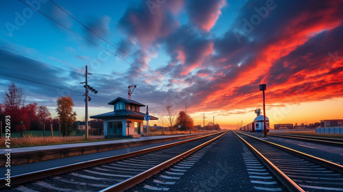 Railroad in motion at sunset. AI Generative.