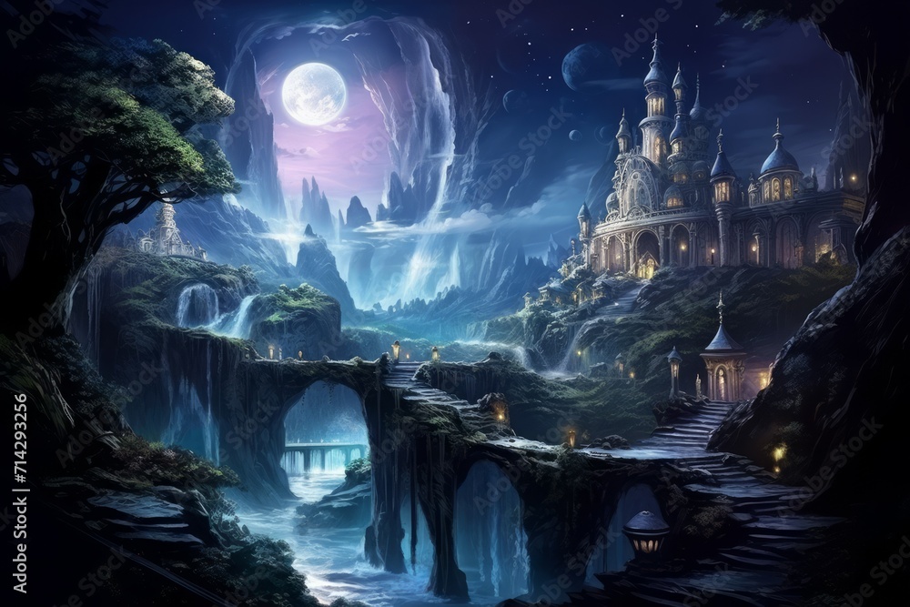 Fototapeta premium Enchanted moonlit waterfalls, flowing with liquid silver and granting wishes to those who bathe beneath them - Generative AI