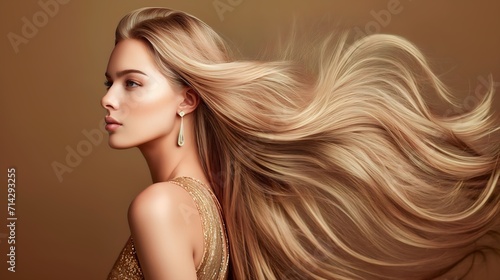 female model advertises hair care product, beautiful long blond hair, gold dress, luxury hairstyle spa photo