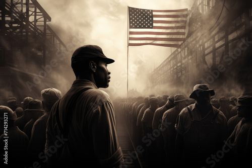 Workers silhouettes and the american flag in the background