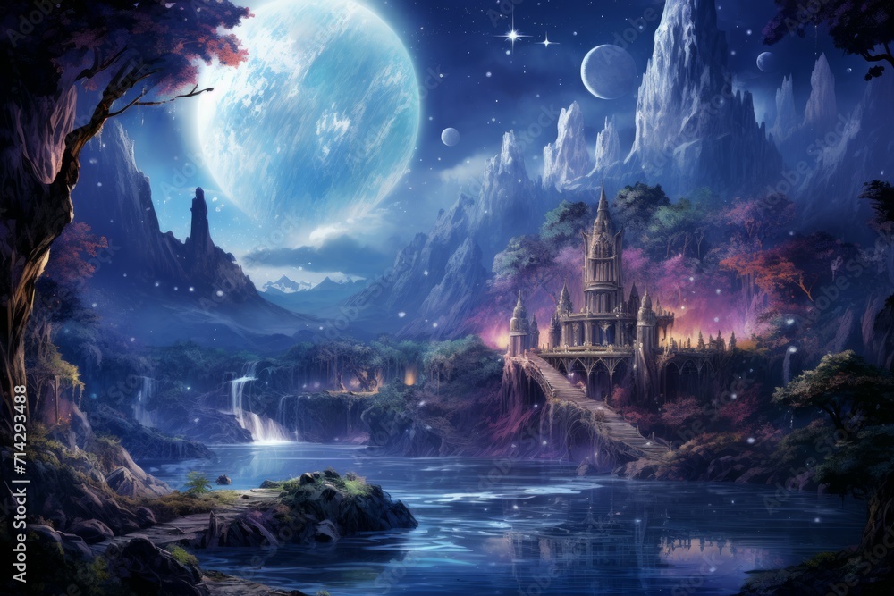 Fototapeta premium Enchanted moonlit waterfalls, flowing with liquid silver and granting wishes to those who bathe beneath them - Generative AI