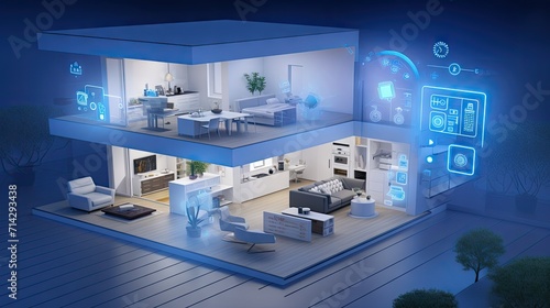 Smart home technology conceptual banner. Building consists digits and connected with icons of domestic smart devices. illustration concept of System intelligent control house on blue background photo