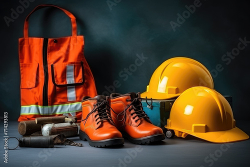 Yellow hard hat and work clothes on dark background