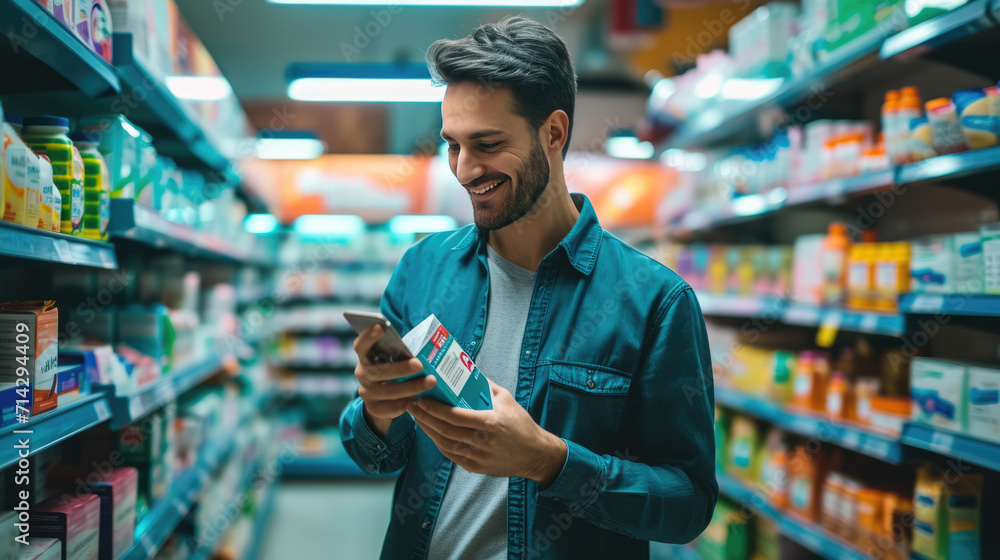 Happy young man is using his smartphone in a brightly lit grocery store aisle. - obrazy, fototapety, plakaty 