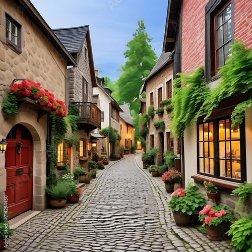 An old-fashioned village graced with cobblestone streets. Quaint streetscape, historic charm, picturesque cobblestone paths.