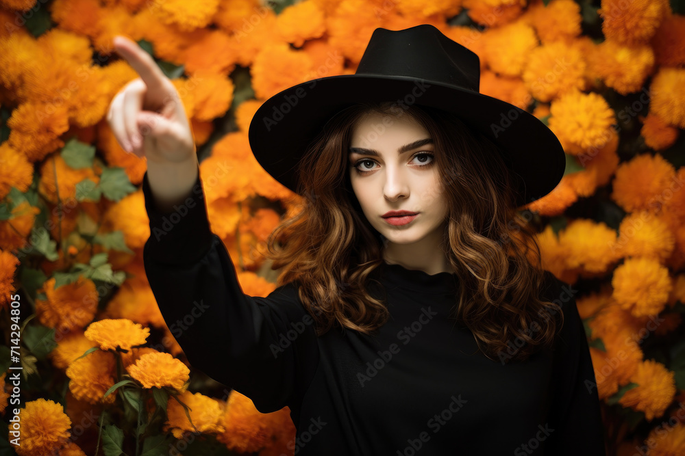 Young woman in witch costume wearing witch hat pointing with hand, marigold and colors background Young woman in witch costume wearing witch hat pointing with hand, marigold and colors background