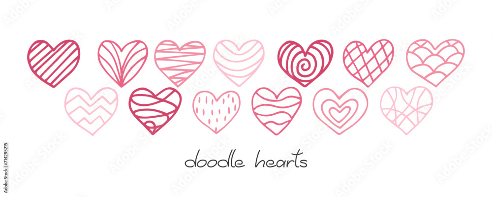 Set of doodle outline heart shape. Hand drawn linear pink hearts collection. Love Design Element for Valentine's Day, Wedding, Anniversary, Mother's Day, Birthday Set of doodle outline heart shape. Hand drawn linear pink hearts collection. Love Design Element for Valentine's Day, Wedding, Anniversary, Mother's Day, Birthday