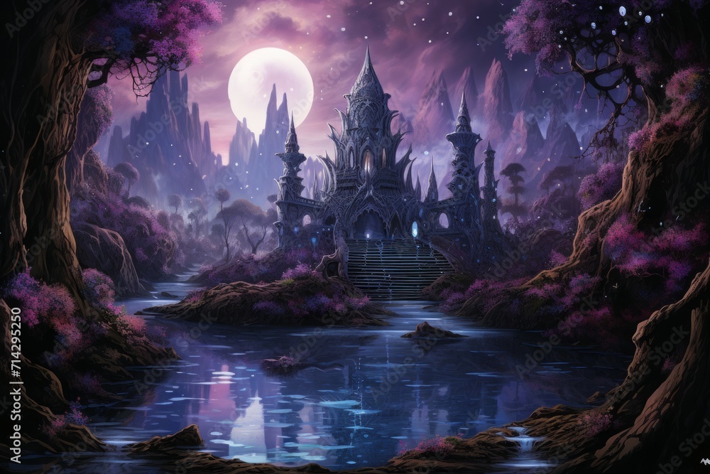 Fototapeta premium Enchanted moonlit waterfalls, flowing with liquid silver and granting wishes to those who bathe beneath them - Generative AI