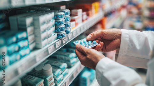 Hands of a pharmacist or healthcare professional holding a blister pack of capsules in front of a pharmacy shelf stocked with various medications photo