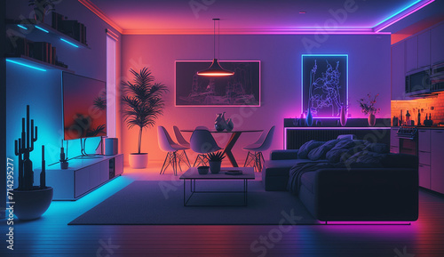 Modern fantastic home neon illustration living room interior design