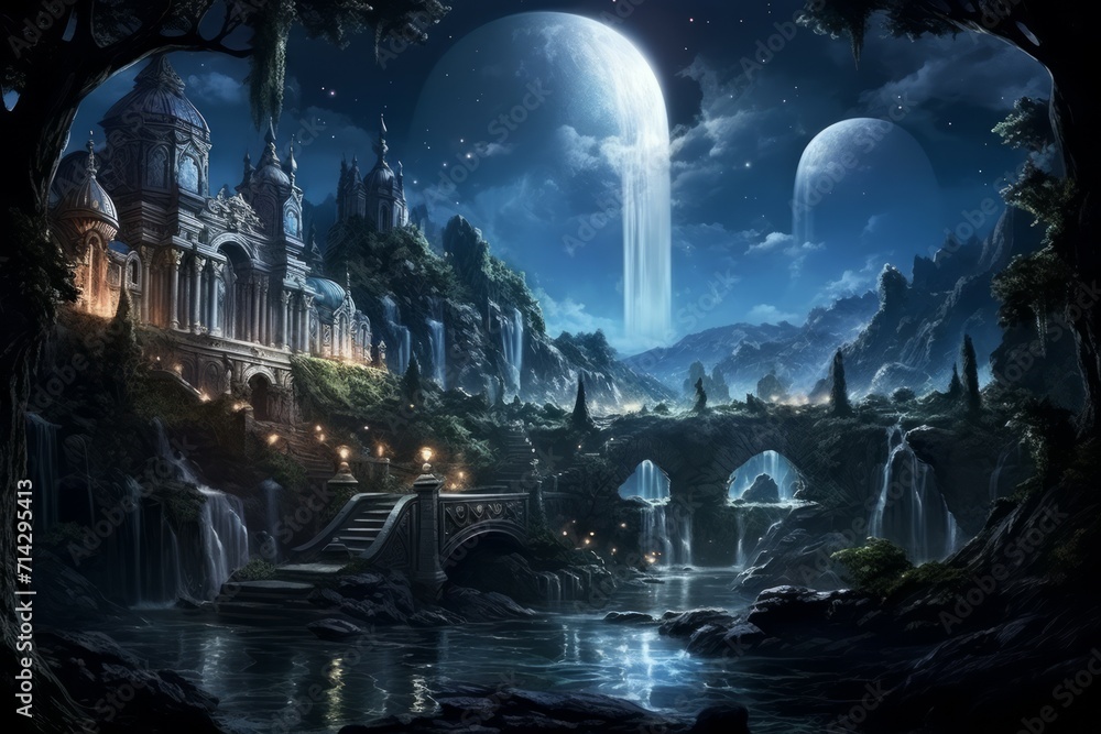 Enchanted moonlit waterfalls, flowing with liquid silver and granting wishes to those who bathe beneath them - Generative AI Enchanted moonlit waterfalls, flowing with liquid silver and granting wishes to those who bathe beneath them - Generative AI