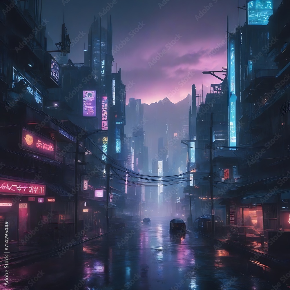 Cyberpunk streets illustration futuristic city dystoptic artwork at night wallpaper rain foggy moody empty future