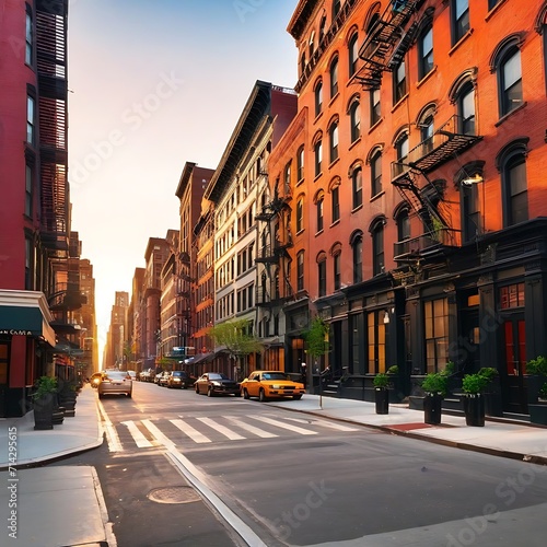 Empty street at sunset time in soho district, New York