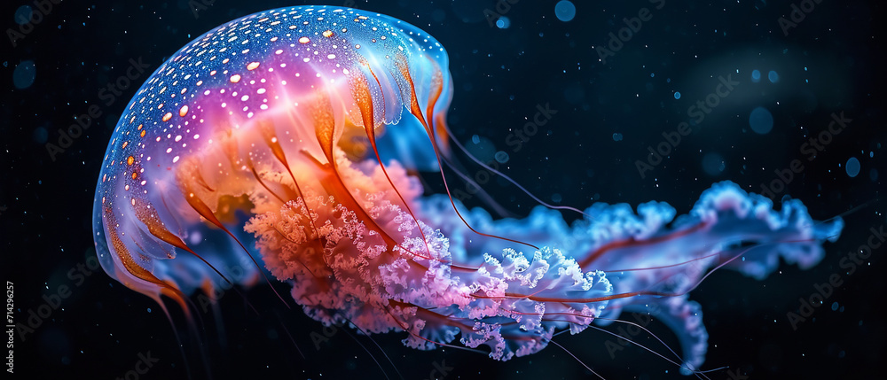Mesmerizing jellyfish in an ultra-wide sea setting. Translucent body glows in shades of orange and pink. Elegant tentacles flow gracefully, surrounded by a mysterious underwater world with rocks