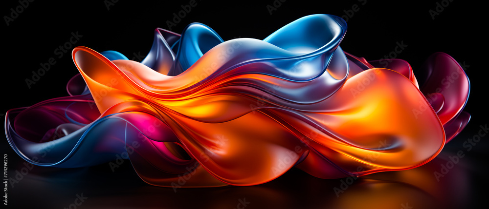 Obraz premium Vibrant abstract composition with interwoven colored elements, showcasing dynamic movement and fluidity. A gradient from dark to light enhances depth and volume. Predominant hues: purple, blue, orange
