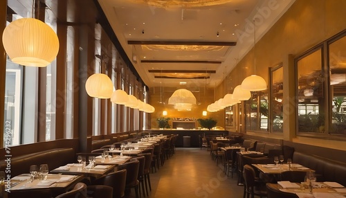 Interior of restaurant with big lamps in golden light