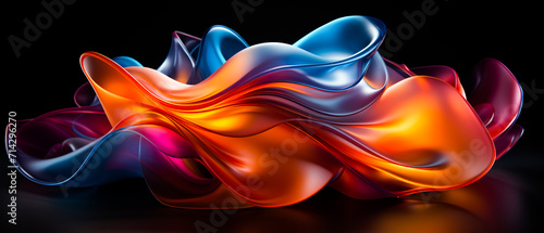 Vibrant abstract composition with interwoven colored elements  showcasing dynamic movement and fluidity. A gradient from dark to light enhances depth and volume. Predominant hues  purple  blue  orange