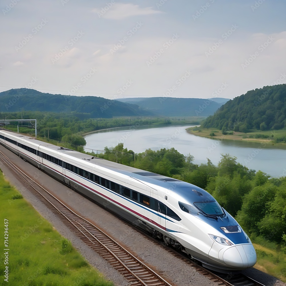 Fototapeta premium Long high-speed train travels at high speed, moving fast