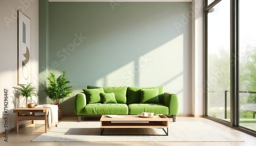 Living room interior with green sofa and coffee table with sunlight. Place for relax at cozy home.