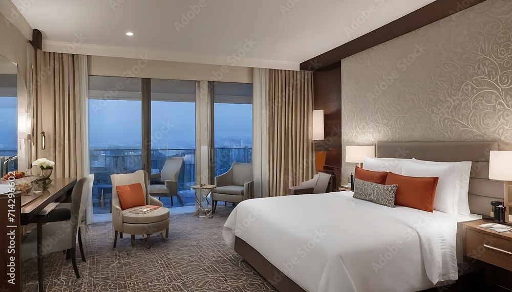 Luxury hotel suite with modern design, comfortable bedding, and elegant decor Luxury hotel suite with modern design, comfortable bedding, and elegant decor