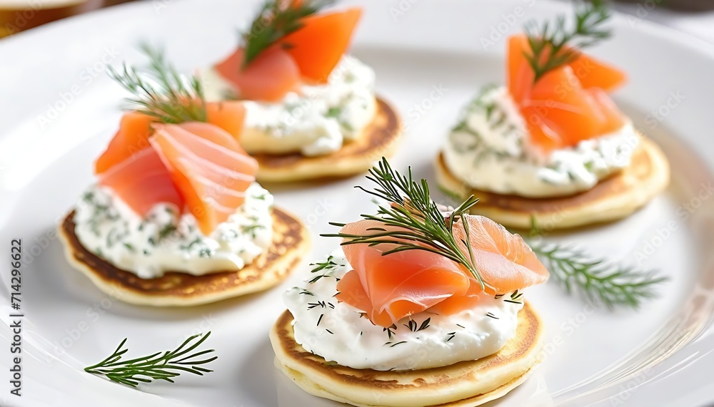 Mini blini pancakes with soft cheese, cold smoked salmon and dill Mini blini pancakes with soft cheese, cold smoked salmon and dill