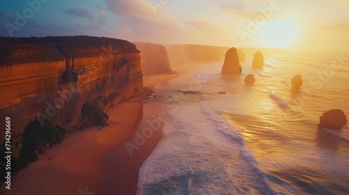 Photo AERIAL: Spectacular drone point of view of the famous 12 Apostles beach in Australia on a sunny summer evening