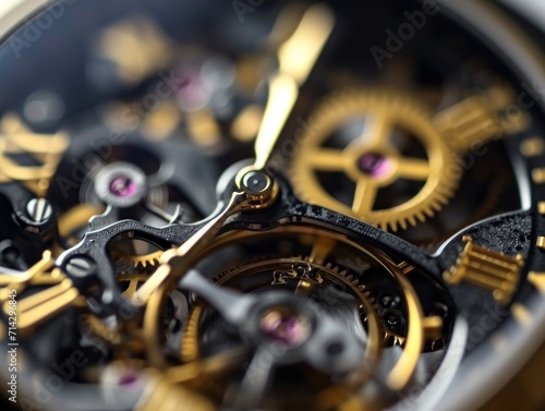 Mechanical watch inside with spring mechanism and gears rotating extreme macro.