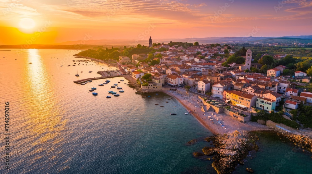 Aerial view of Porec at sunset, a small town along the Adriatic Sea coastline in Istria, Croatia.    